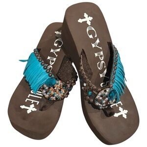 Gypsy Soule Turquoise Fringe Jeweled Wedge Flip-Flops Size 10